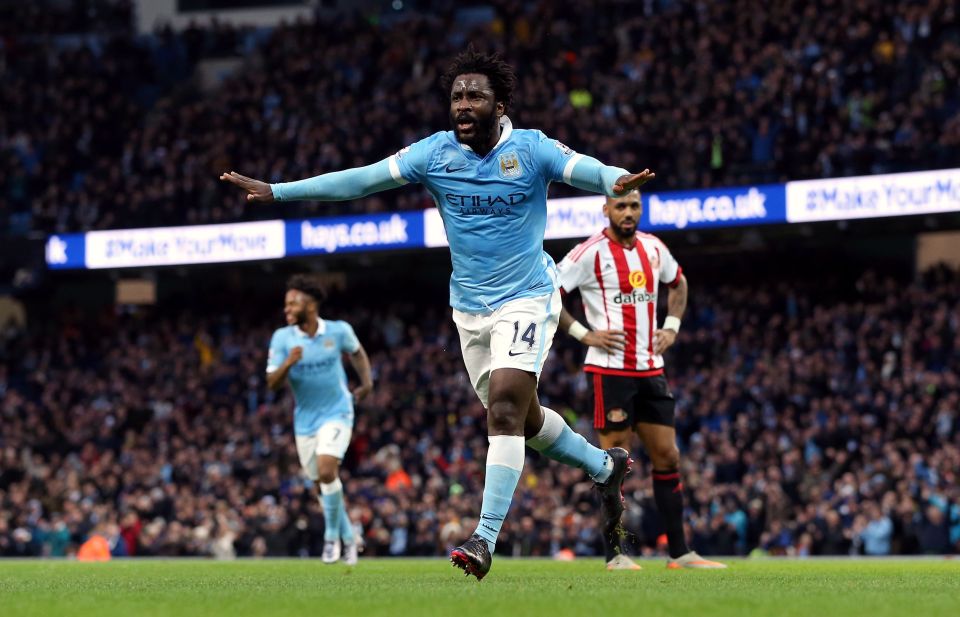 *Alternate Crop* Manchester City's Wilfried Bony celebrates scoring his side's third goal of the game during the Barclays Premier League match at the Etihad Stadium, Manchester. PRESS ASSOCIATION Photo. Picture date: Saturday December 26, 2015. See PA story SOCCER Man City. Photo credit should read: Martin Rickett/PA Wire. RESTRICTIONS: EDITORIAL USE ONLY No use with unauthorised audio, video, data, fixture lists, club/league logos or "live" services. Online in-match use limited to 75 images, no video emulation. No use in betting, games or single club/league/player publications.