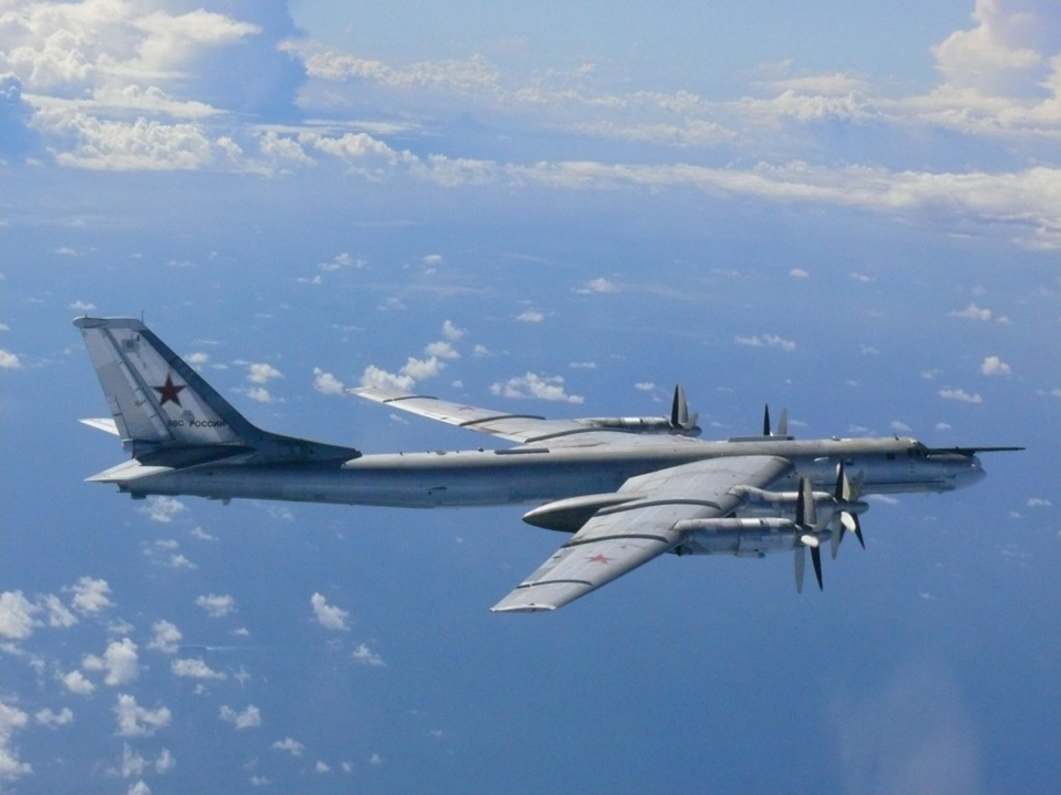 A Russian TU-95 bomber flies through airspace northwest of Okinoshima 