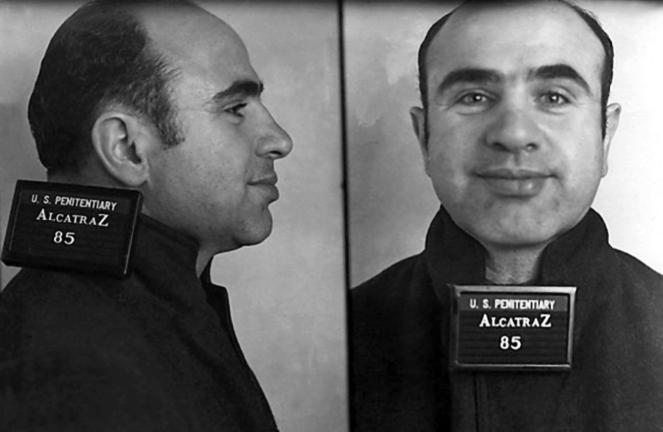  Ganster Alphonse 'Al' Capone poses for a mugshot on his arrival at the Federal Penitentiary at Alcatraz on August 22, 1934 in San Francisco