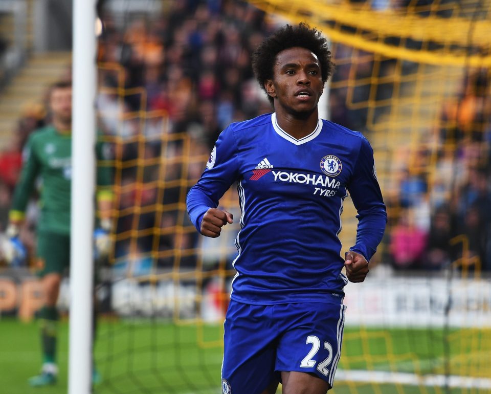 HULL, ENGLAND - OCTOBER 01: Willian of Chelsea celebrates scoring his sides first goal during the Premier League match between Hull City and Chelsea at KCOM Stadium on October 1, 2016 in Hull, England. (Photo by Shaun Botterill/Getty Images)