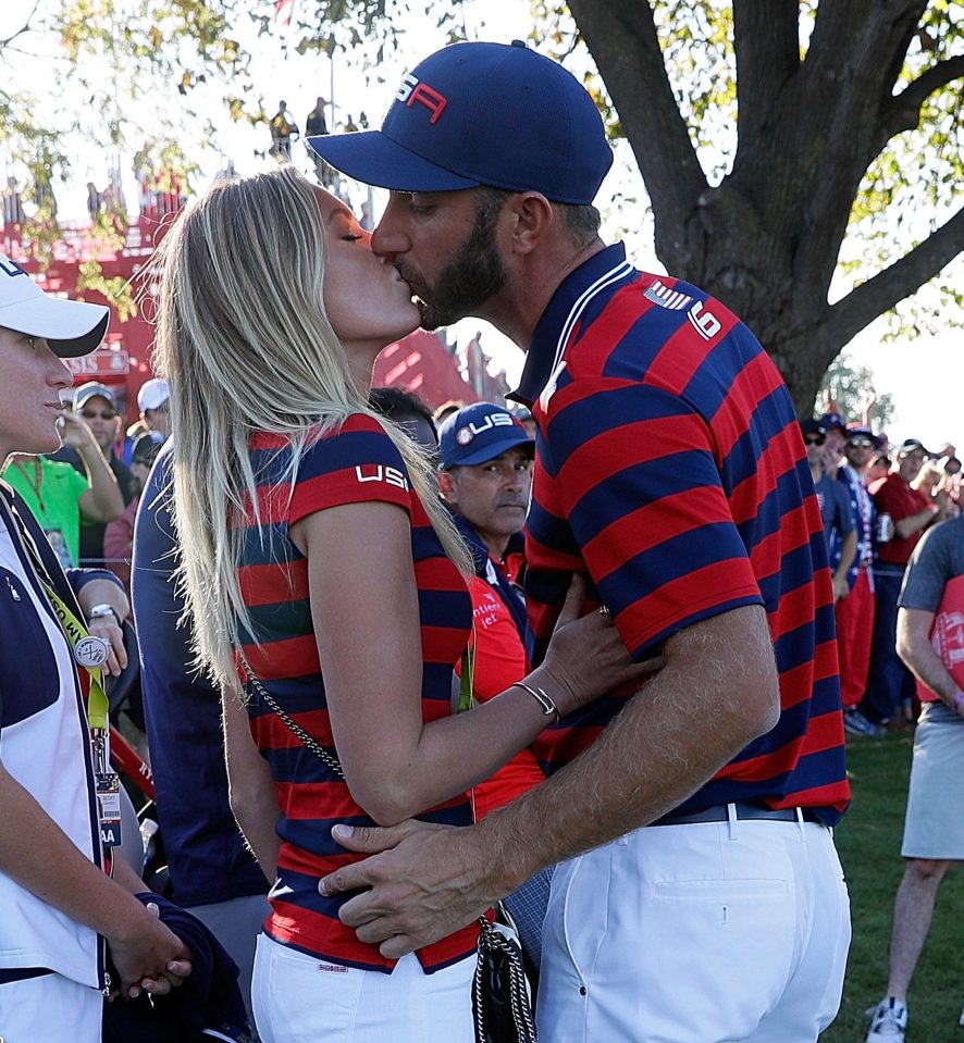  Paulina Gretzky kisses fiance Dustin Johnson for good luck during the Ryder Cup this year