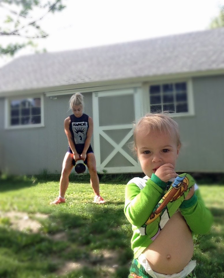 She works out regularly with her young son