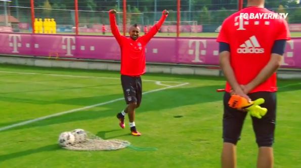  Arturo Vidal celebrates as his impressive training ground shot finds the back of the net