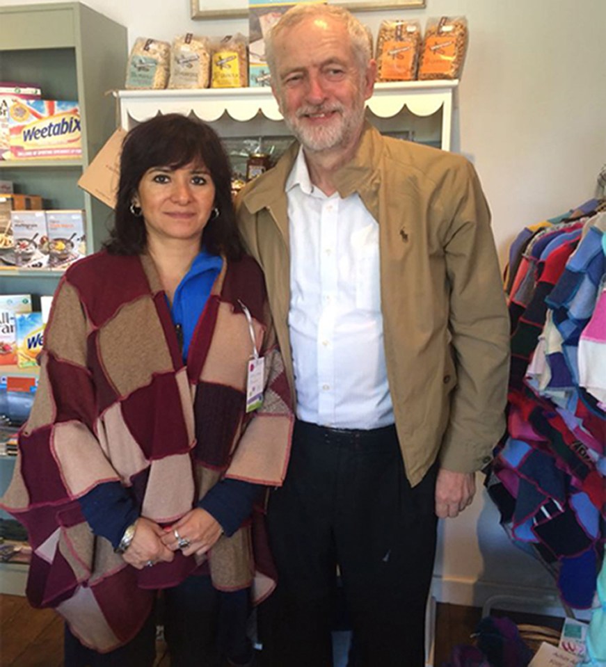  Jeremy Corbyn's wife Laura models the woollen wrap they bought during their visit to Bardon Mill Village Store and Tea Room