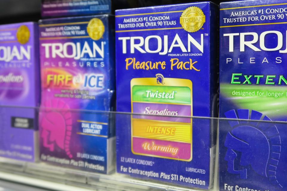 Trojan Lubed Condom Boxes, Duane Reade by Walgreens Drugstore, NYC, USA. Image shot 2016. Exact date unknown.