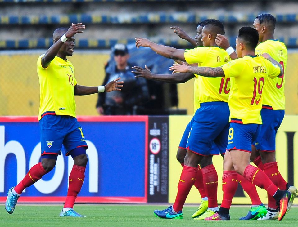 Enner Valencia celebrates with his Ecuador team-mates