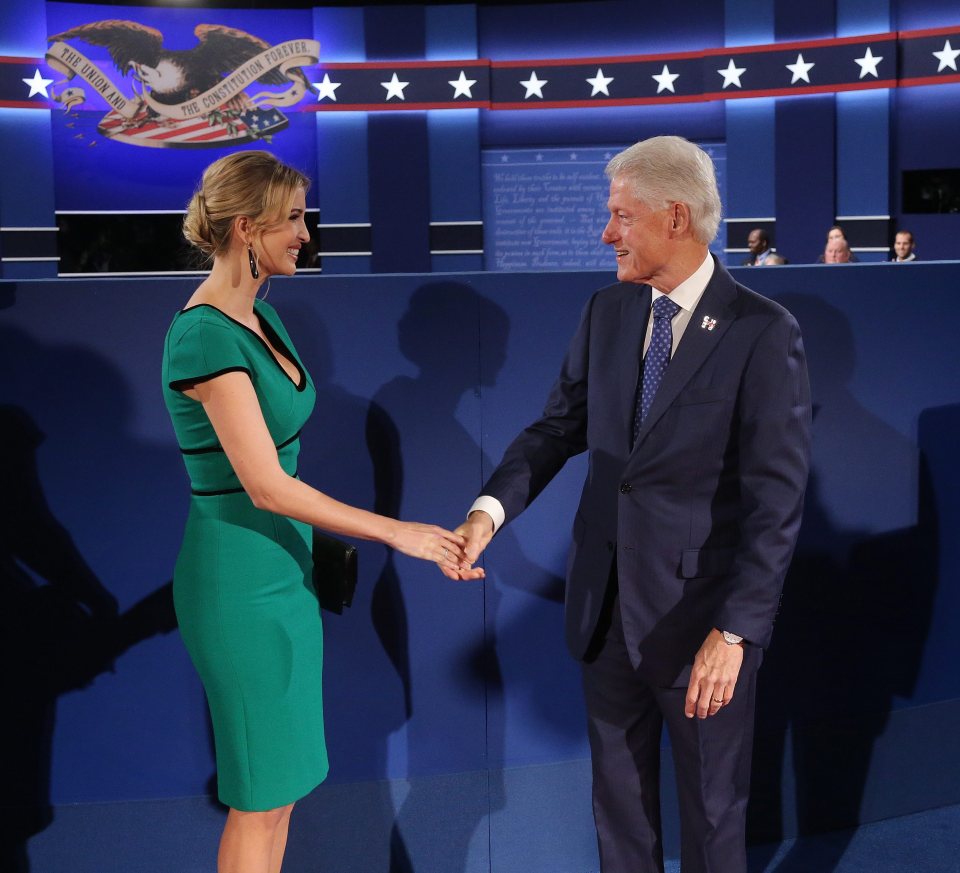 Former US President Bill Clinton and Ivanka Trump shake hands at the start of the second Presidential Debate