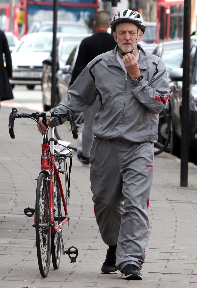 Jeremy Corbyn was spotted out today in London for a ride on his bike wearing his favourite grey shellsuit