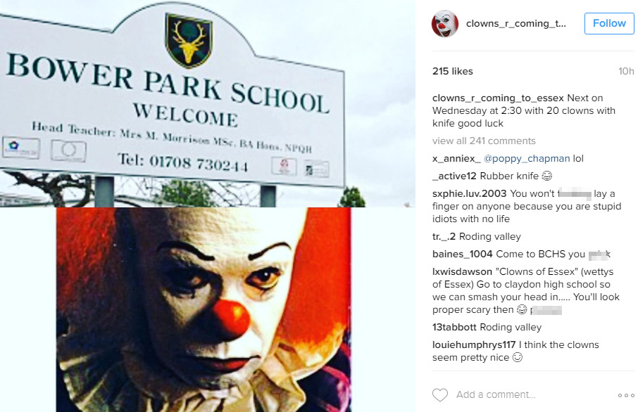  An instagram account called clowns_r_coming_to_essex has been set up and promises 20 clowns with a knife will visit five schools in Essex on Wednesday