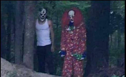 A pair of clowns: Seen in Bedfordshire with a chainsaw and machete in some woods