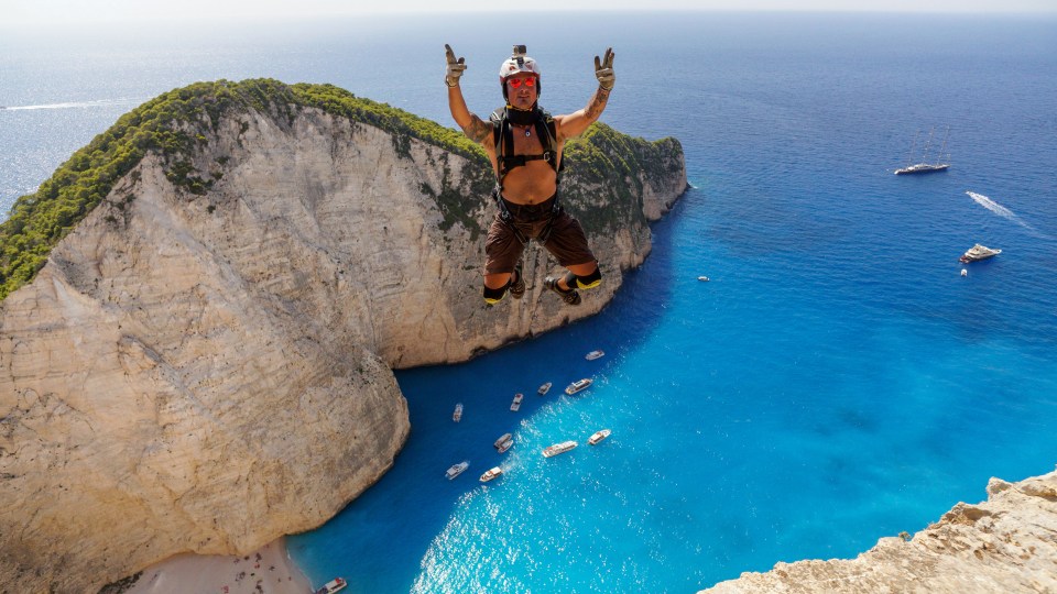  Thrill seeker Thibaut Zevaco leaping off the cliff