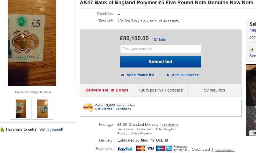  Bidders on eBay have gone crazy for the note