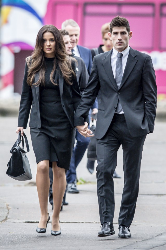 Footballer Ched Evans arrives at Cardiff Crown Court with partner Natasha Massey