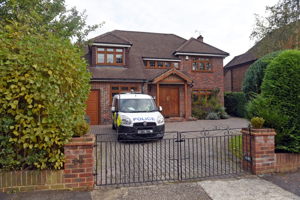  Death... police at £1million house in Gerrards Cross, Bucks, which is owned by car lease firm boss Harcharanjit Matharu, 58, and his 66-year old wife Baldev