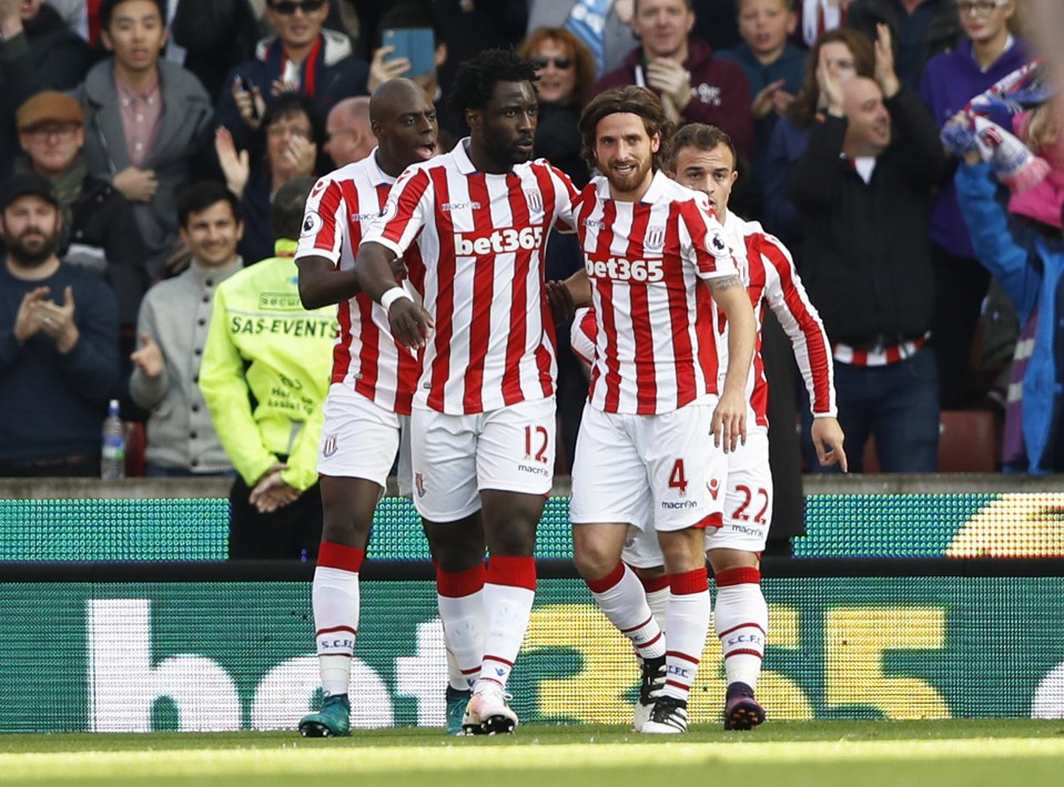 Stoke celebrate after Joe Allen put Mark Hughes' team ahead in the opening ten minutes