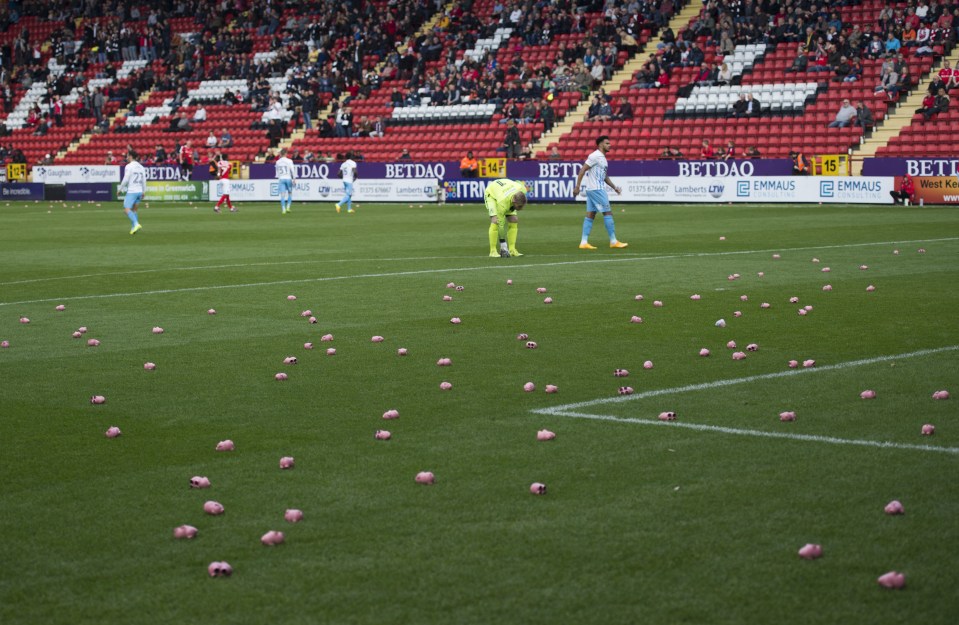 Charlton Athletic fans hosted a protest against their owners as they threw plastic money pigs onto the pitch