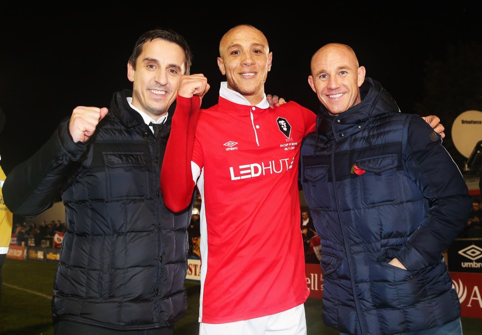 Chuffed . . . Gary Neville and Nicky Butt celebrate with Salford City star Richard Allen