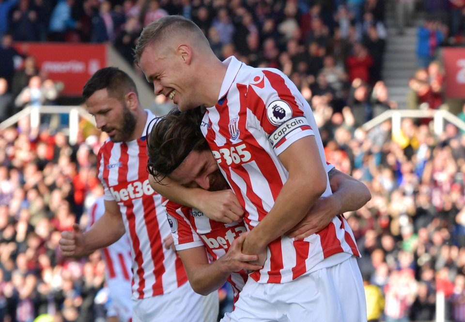 Joe Allen celebrates netting his second goal of the game against Sunderland