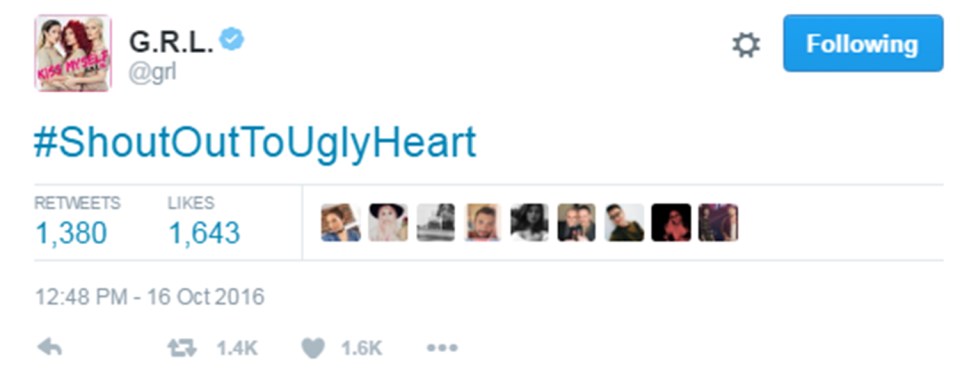 G.R.L hijacked Little Mix’s #ShoutOutToMyEx hashtag by posting #ShoutOutToUglyHeart after the release on Sunday