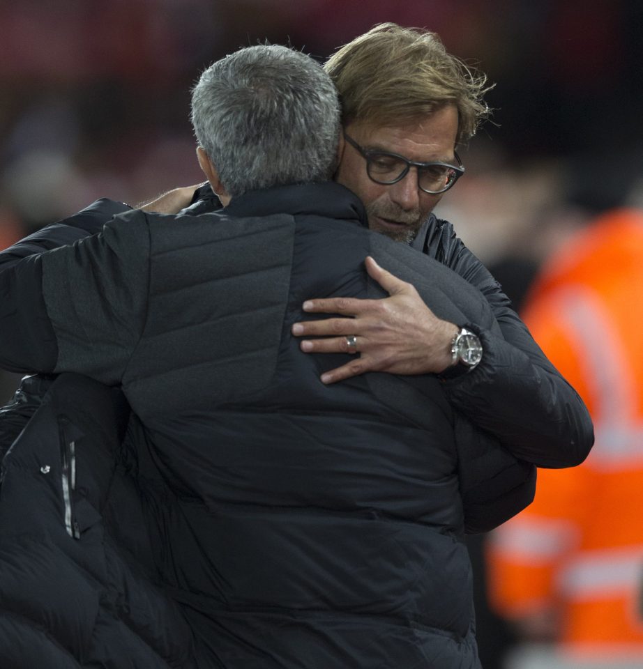  Jurgen Klopp and Jose Mourinho embrace at the end of the 0-0 draw between Liverpool and Manchester United