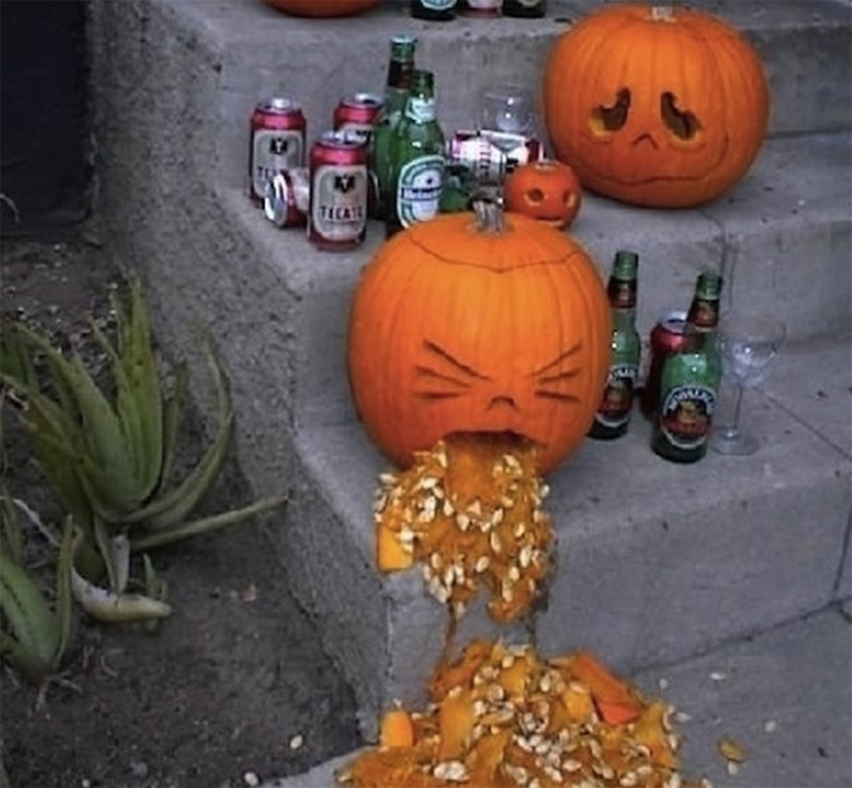 One pumpkin looks like hes had too much pulp as an anxious pal looks on