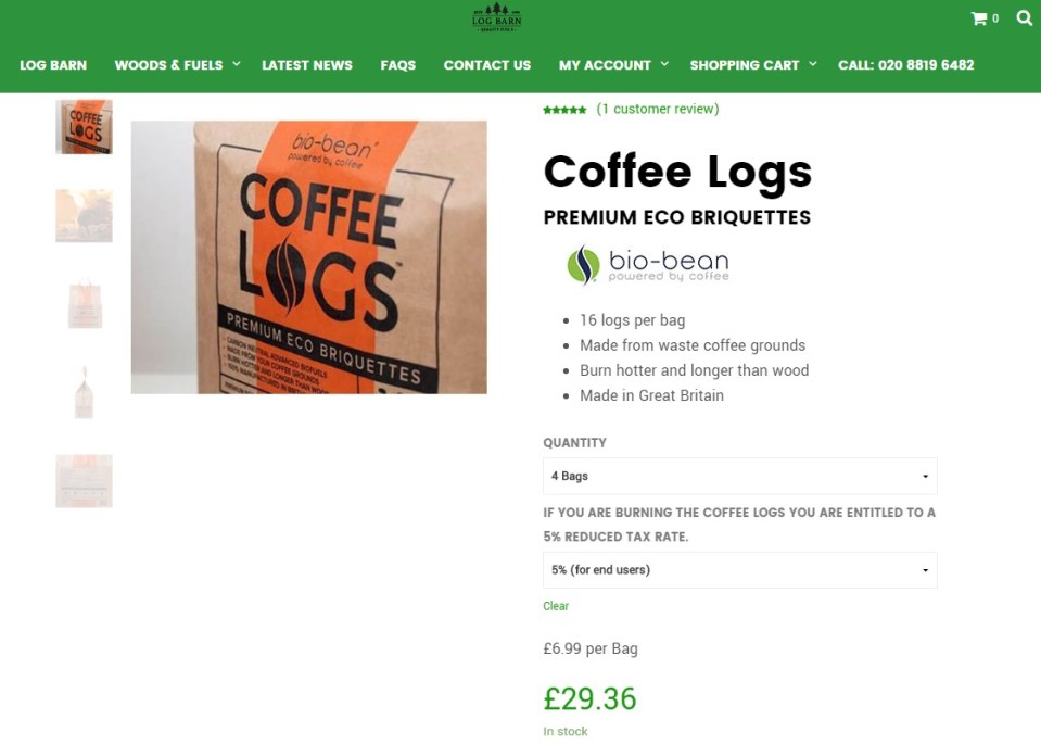 Coffee logs are being sold in supermarkets, petrol stations, garden centres and on bio-bean's website for £29.36