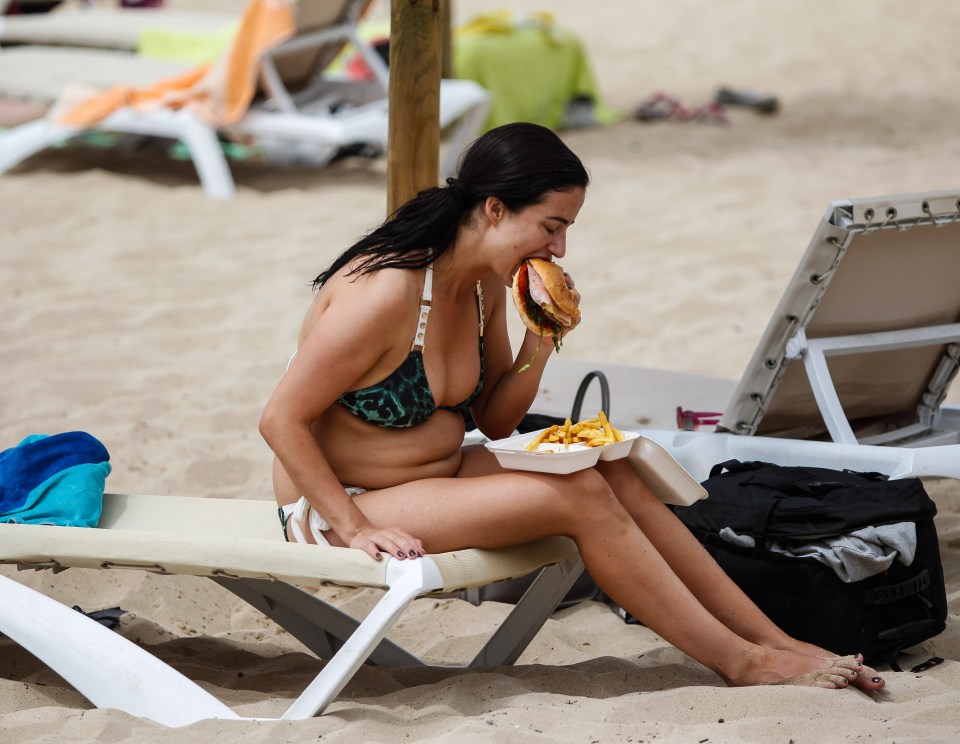  Chantelle was also pictured chowing down on a burger and chips while on holiday during the summer