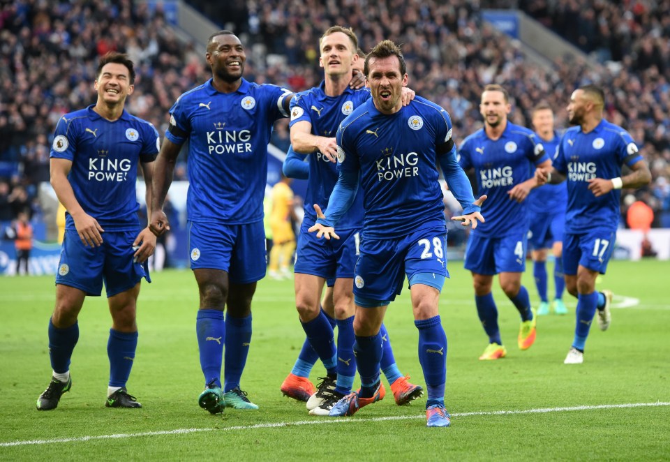 Britain Soccer Football - Leicester City v Crystal Palace - Premier League - King Power Stadium - 22/10/16 Leicester City's Christian Fuchs celebrates scoring their third goal with teammates Action Images via Reuters / Alan Walter Livepic EDITORIAL USE ONLY. No use with unauthorized audio, video, data, fixture lists, club/league logos or "live" services. Online in-match use limited to 45 images, no video emulation. No use in betting, games or single club/league/player publications. Please contact your account representative for further details.