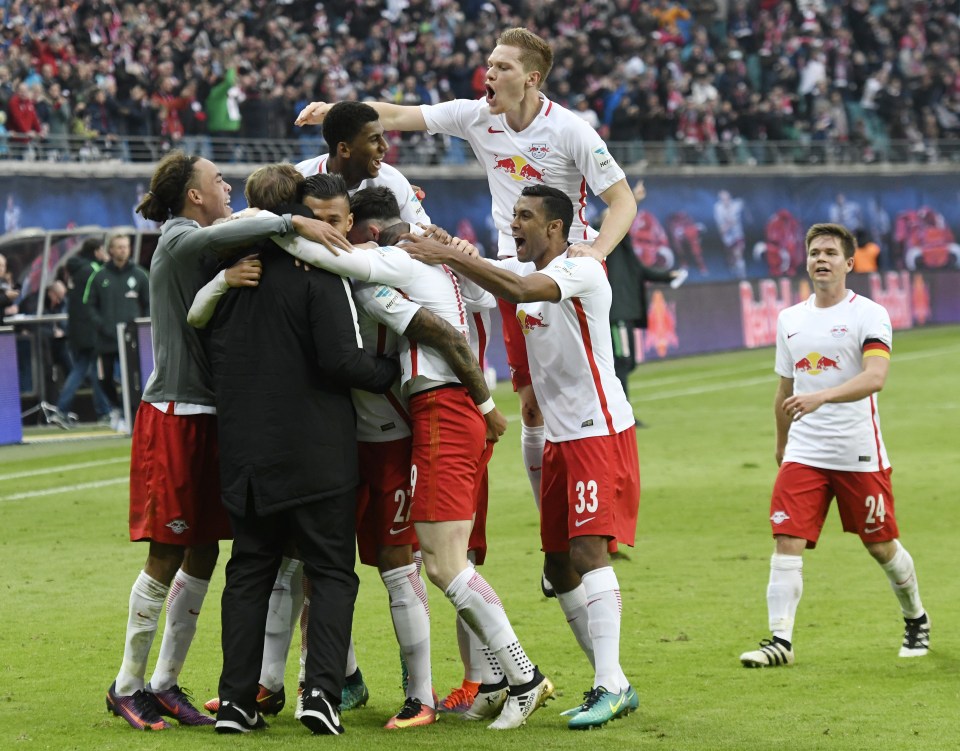  RB Leipzig celebrate netting against Werder Bremen on Sunday