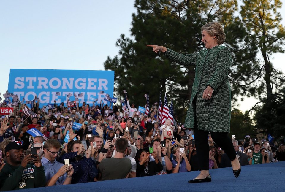 Clinton addresses supporters during a campaign rally at the University of North Carolina