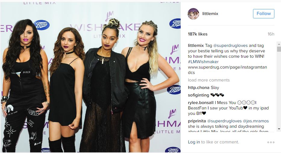 Little Mix give shout out to Superdrug on Instagram... while posing in front of a Boots logo