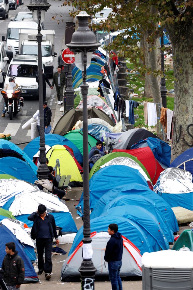  Tents are seen at a makeshift camp on a street near the metro stations of Jaures and Stalingrad in Paris