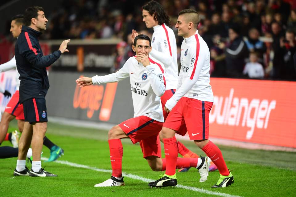 (L-R) Angel Di Maria and Marco Verratti of PSG share a joke before the French Ligue 1 match between Lille and Paris Saint Germain at Stade Pierre-Mauroy on October 29, 2016 in Lille, France. (Photo by Dave Winter/Icon Sport) (Photo by Dave Winter/Icon Sport via Getty Images)