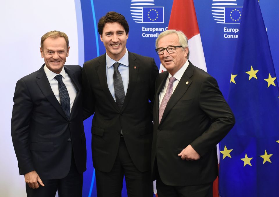  European Council President Donald Tusk, Canadian Prime Minister Justin Trudeau and European Commission President Jean-Claude Juncker at the EU-Canada summit meeting