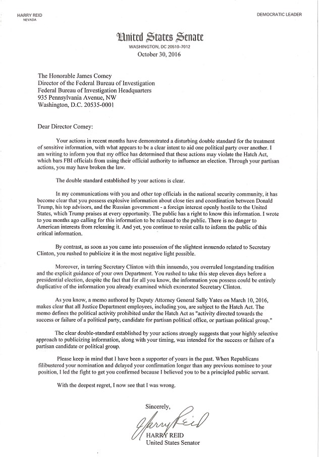 Scathing ... Reid said Comey could be breaking the law by trying to sway the election in favour of Trump