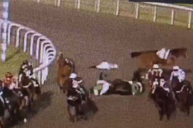 The jockeys lay on the track after the sickening fall