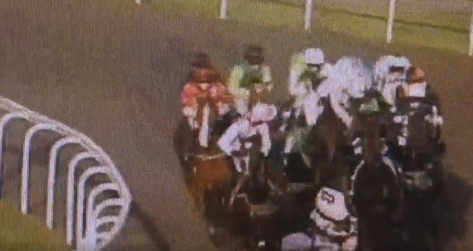 The carnage came on the home turn of the 3.20 at Kempton