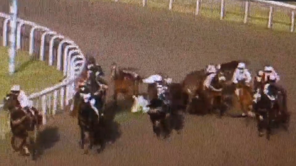 Horses come to grief on the bend at Kempton