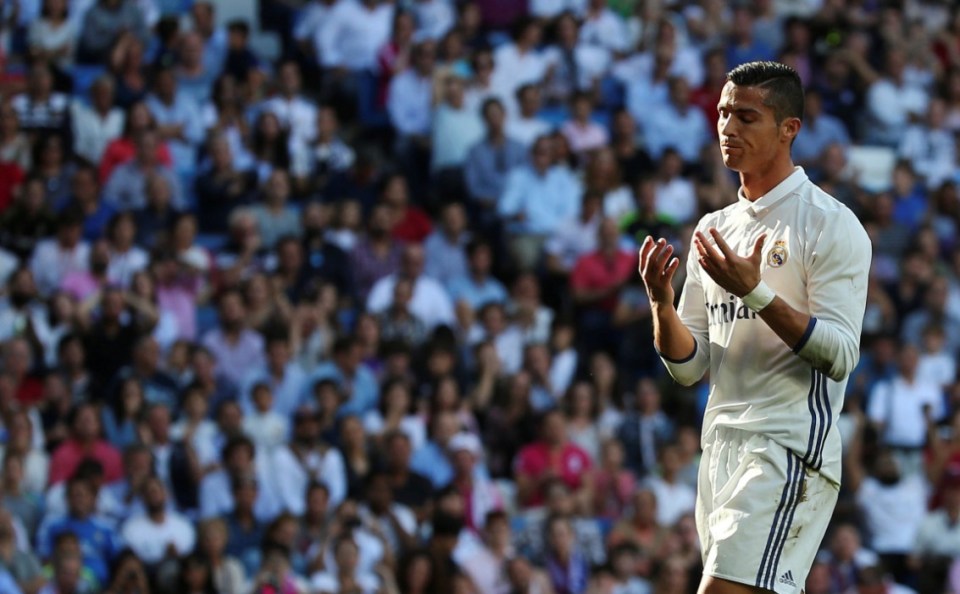 Football Soccer - Spanish Liga Santander - Real Madrid v Eibar- Santiago Bernabeu, Madrid, Spain - 2/10/16 Real Madrid's Cristiano Ronaldo reacts. REUTERS/Susana Vera