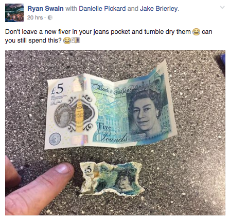 Ryan Swain's post on Facebook showing a shrunken £5 note