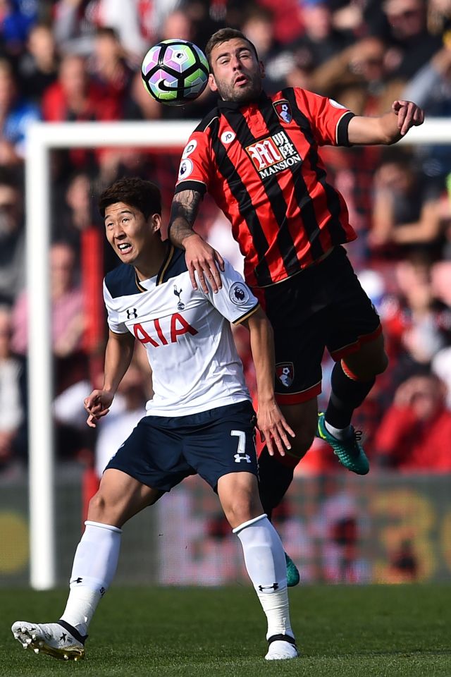  Steve Cook leaped higher than Hueng-Min Son to win a header