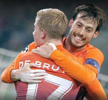 Kevin de Bruyne helps scorer David Silva celebrate his Man City equaliser 