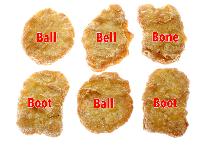  This portion of six Chicken McNuggets show the four standard shapes they come in