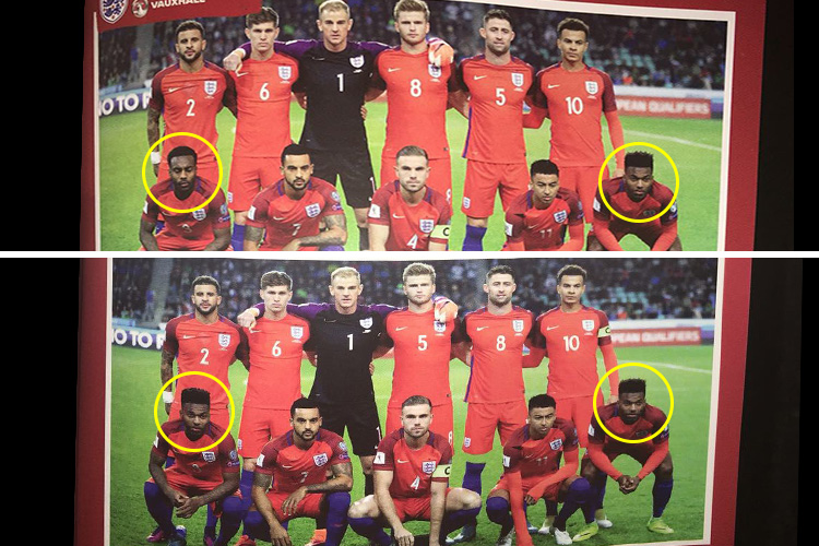 A puzzle in an England footie programme has been branded racist for swapping the heads of black players