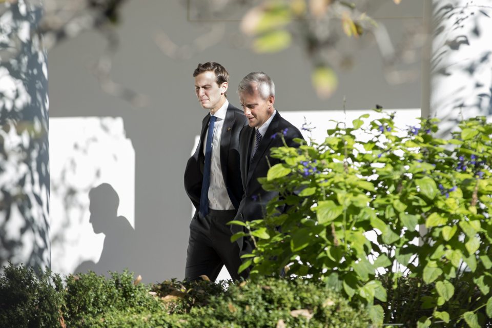  Donald Trump's son-in-law Jared Kushner (l)could be in line for a plumb role at the White House after he was seen strolling with the Chief of Staff Denis McDonough on Thursday