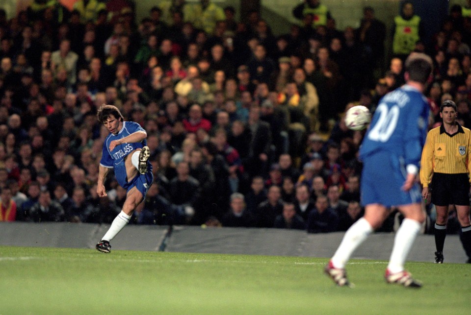 5 Apr 2000: Gianfranco Zola scores the first goal for Chelsea during the UEFA Champions League Quarter Final game between Chelsea and Barcelona at Stamford Bridge in London. The game finished 3-1 to Chelsea. Mandatory Credit: Ben Radford /Allsport