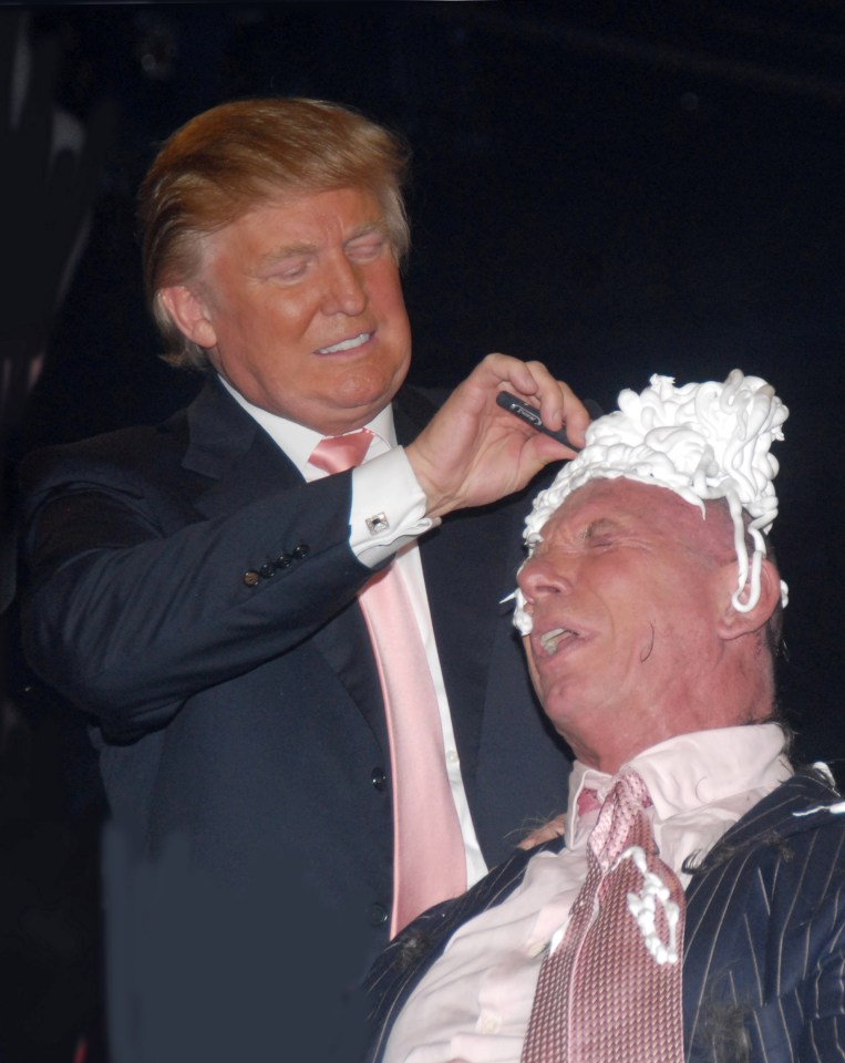  Donald Trump shaves Vince McMahon's head after his mentor Bobby Lashley defeated Umaga in front of 80,103 fans in their "Battle of the Billionaires" match at Wrestlemania 23