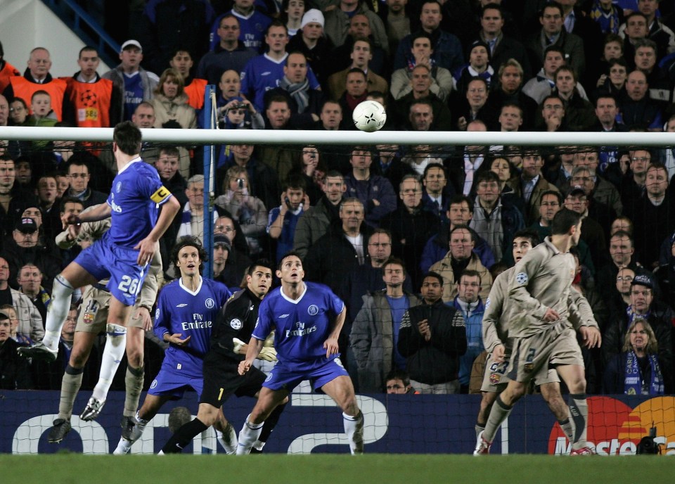 LONDON - MARCH 8: John Terry of Chelsea scores their fourth goal during the UEFA Champions League, first knockout round, second leg match between Chelsea and Barcelona at Stamford Bridge on March 8, 2005 in London, England. (Photo by Ben Radford/Getty Images)