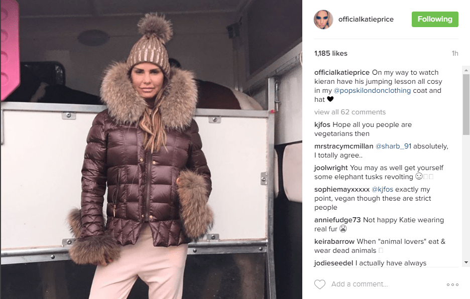 Katie Price upset some of her followers by posing in a coat made from Raccoon fur