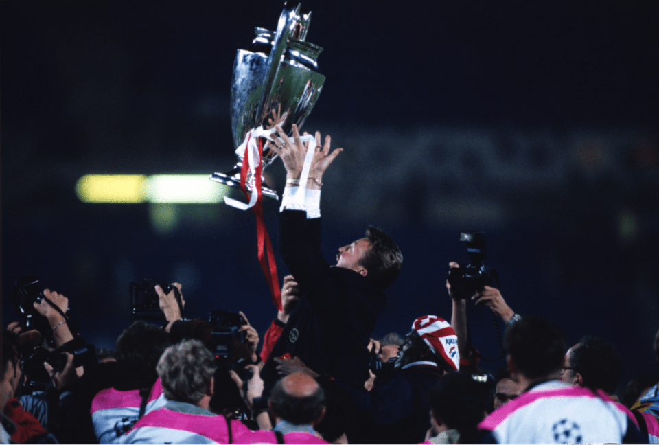 Louis van Gaal is hoisted into the air by Ajax players after 1995 Champions Lge final